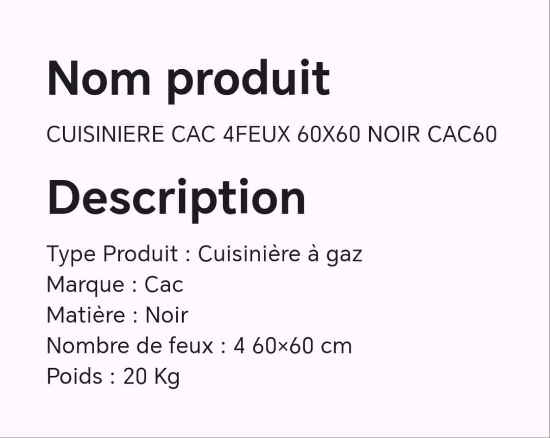 Cuisinière CAC 4feux 60X60 Noir CAC60