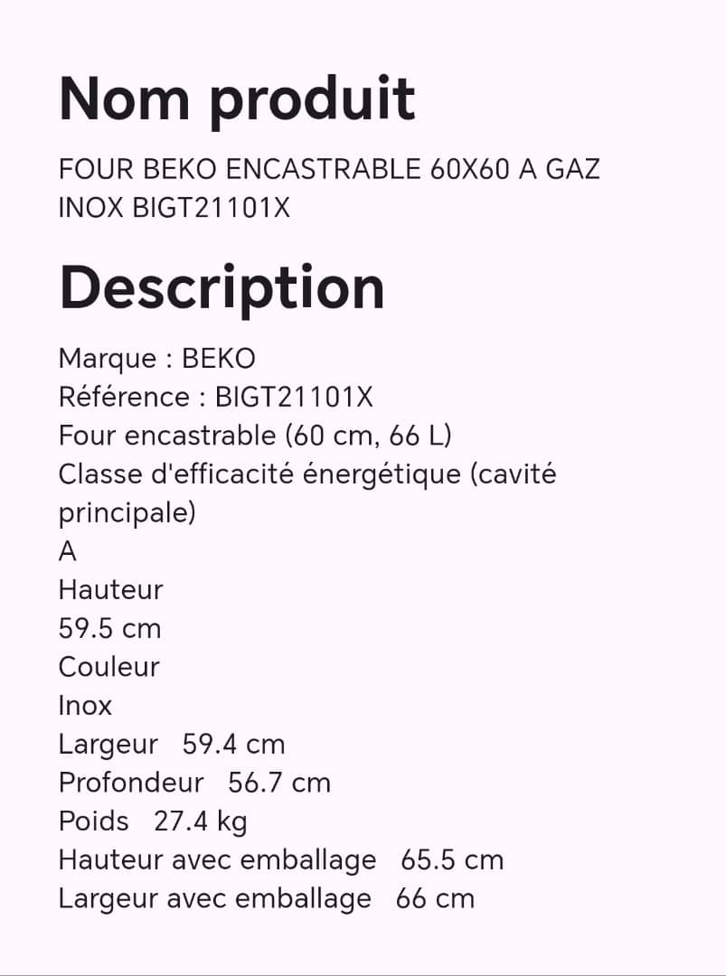 Four BEKO encastrable 60X60 à gaz inox BIGT21101X