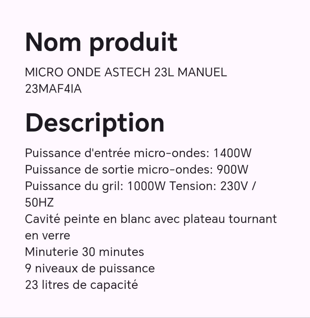 Micro Onde ASTECH 23L manuel 23MAF4IA