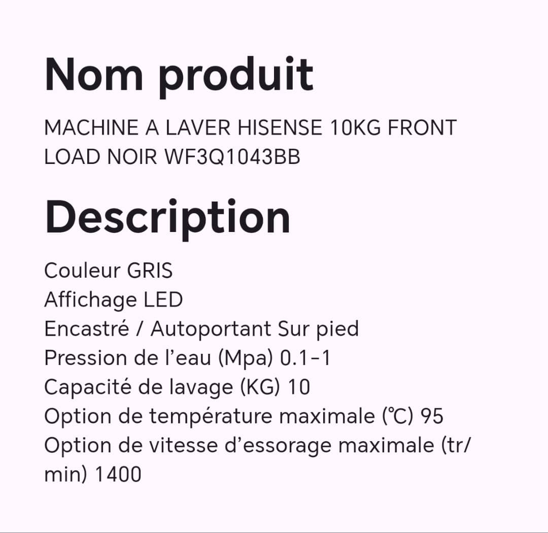 Machine a laver HISENSE 10KG Front load noir WF3Q1043BB