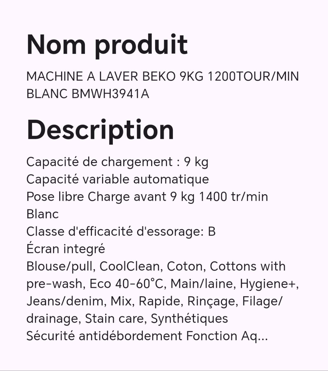 Machine à laver BEKO 9KG 1200tour/Min blanc BMWH3941A