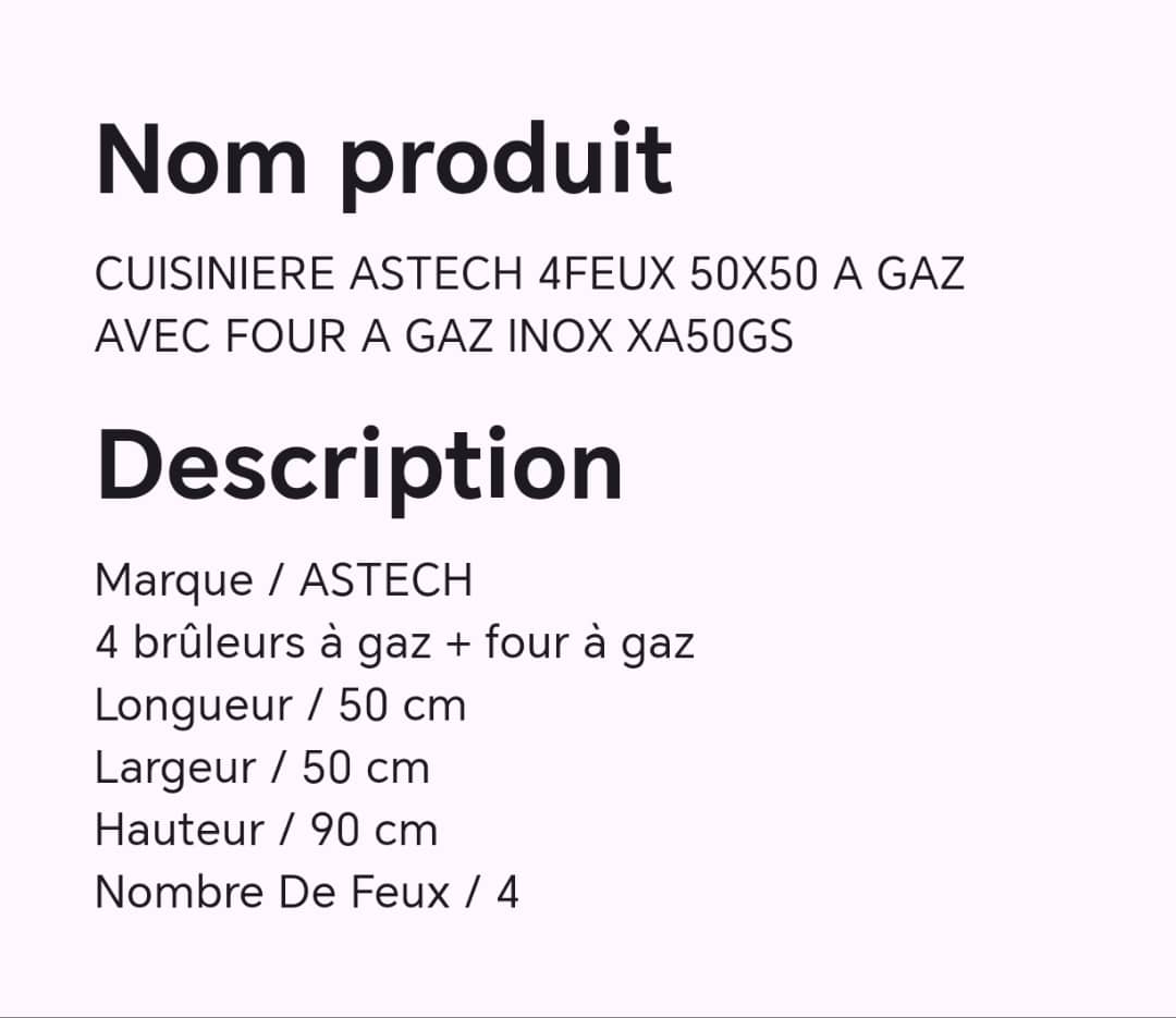 Cuisinière ASTECH 4feux 50X50 à gaz avec four à gaz inox XA50GS