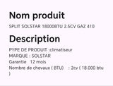 SPLIT SOLSTAR 18000BTU 2.5CV GAZ 410