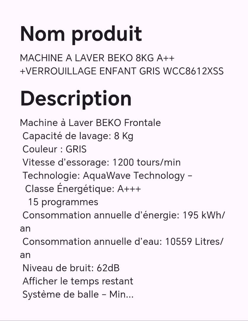 MACHINE A LAVER BEKO 8KG A+++ VEROUILLAGE ENFANT GRIS WCC8612XSS