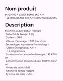 MACHINE A LAVER BEKO 8KG A+++ VEROUILLAGE ENFANT GRIS WCC8612XSS