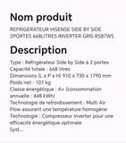Réfrigérateur HISENSE SIDE BY SIDE 2 portes 668 litres inverter gris RS87WS