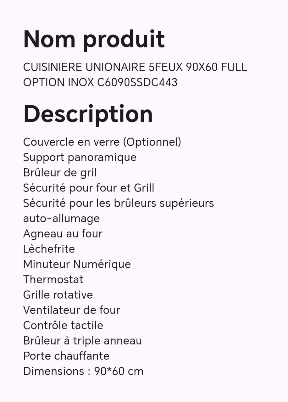 Cuisinière unionaire 5feux 90X60 full option inox C6090SSDC443