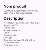 CUISINIERE ASTECH 4FEUX 50X50 A GAZ AVEC FOUR A GAZ INOX CSI50MS