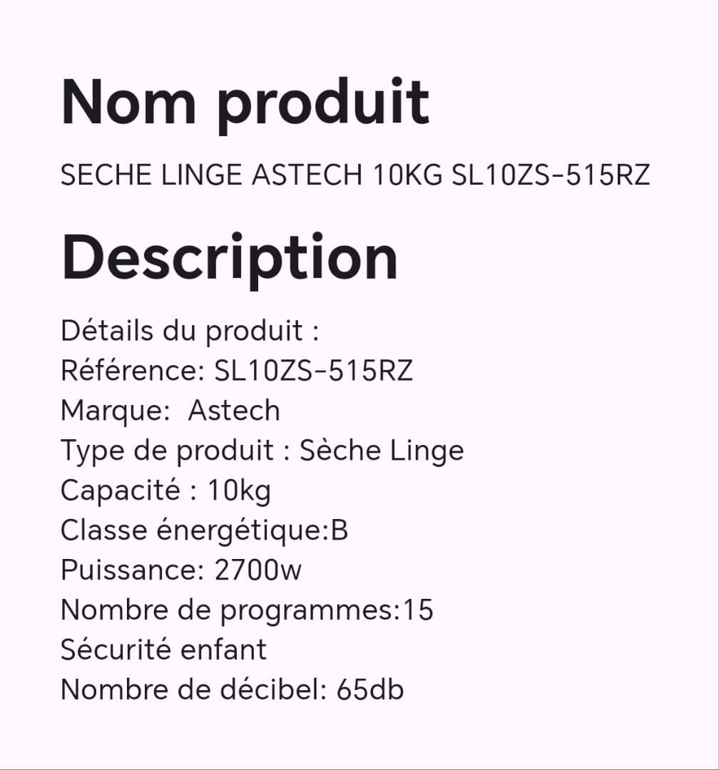 Sèche linge ASTECH 10kg SL10ZS-515RZ