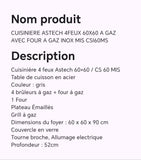 CUISINIERE ASTECH 4FEUX 60X60 A GAZ AVEC FOUR A GAZ INOX MIS CSI60MS