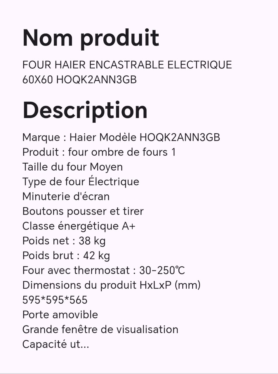 Four HAIER encastrable électrique 60X60 HOQK2ANN3GB
