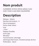 CUISINIERE ASTECH 4 FEUX 60X60 A GAZ AVEC FOUR A GAZ INOX CK62MSFRM