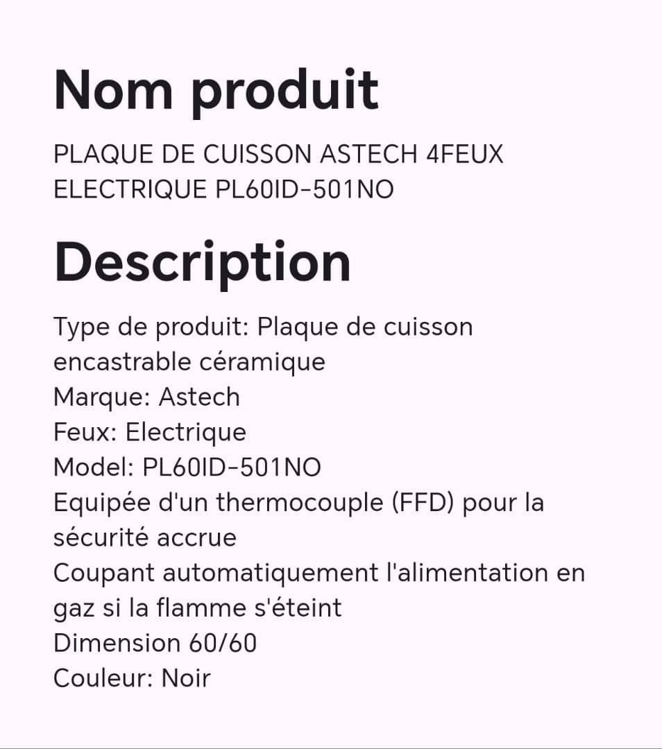 Plaque de cuisson ASTECH 4feux électrique PL60iD-501NO