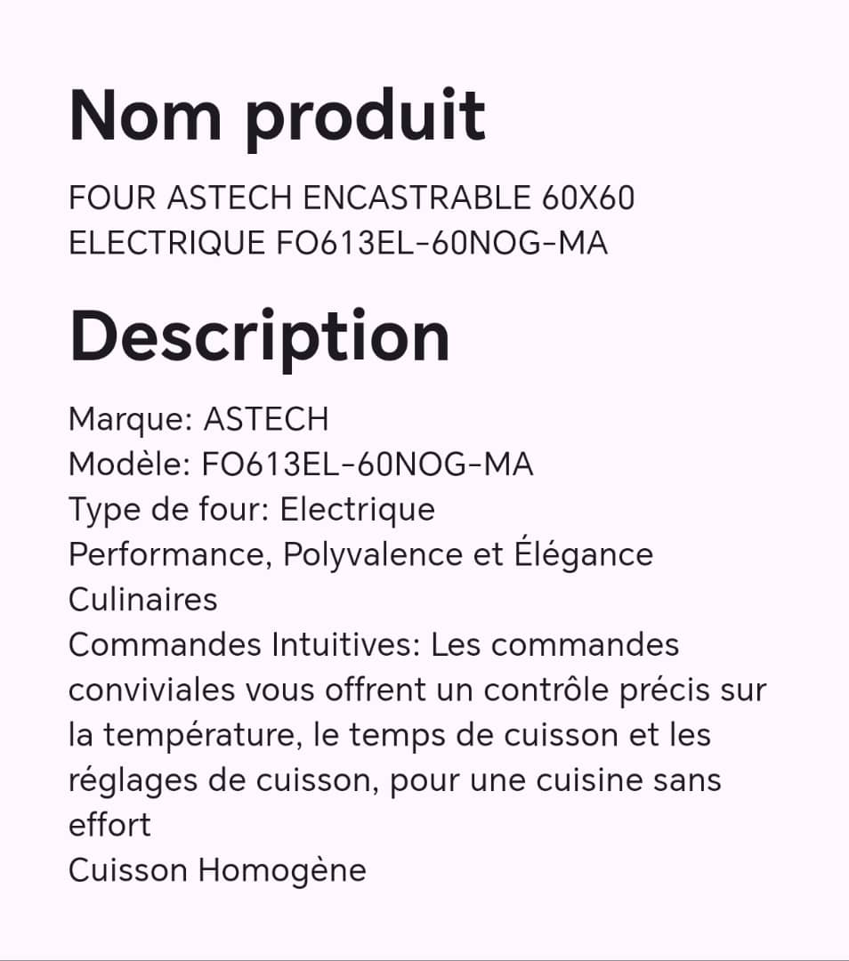 Four ASTECH encastrable 60X60 électrique FO613EL-60NOG-MA