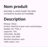 MACHINE A LAVER SHARP 7KG SEMI AUTOMATIC BLANC EST75XWNBK