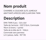 CHAMBRE A COUCHER 2LITS JUMEAUX 6BATTANTS 4PIECES GRIS CLAIR EMA TWIN