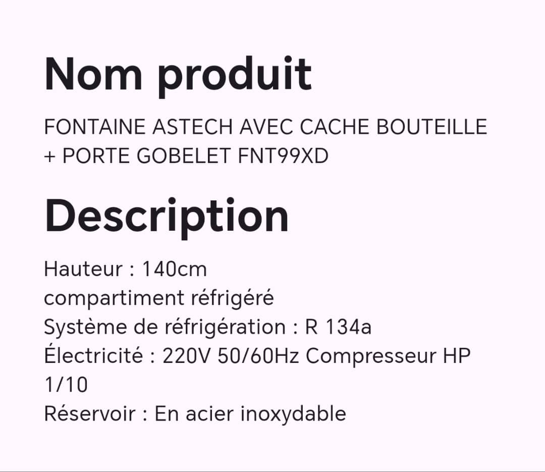 Fontaine ASTECH avec cache bouteille+ porte gobelet FNT99XD