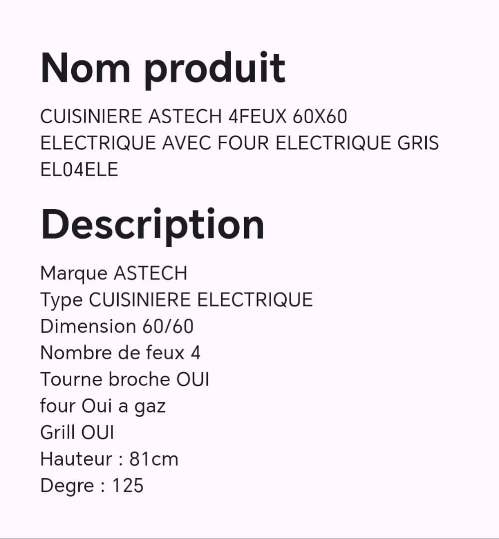 Cuisinière ASTECH 4feux 60X60 électrique avec