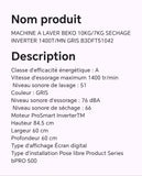 MACHINE A LAVER BEKO 10KG/7KG SECHAGE INVERTER 1400T/MN GRIS B3DFT51042