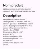 Réfrigérateur ELACTRON 2portes NOFROST avec fontaine Gris EL66TMNX