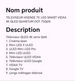 TELEVISEUR HISENSE 75" LED SMART VIDDA 4K QLED QUANTUM DOT 75Q6N