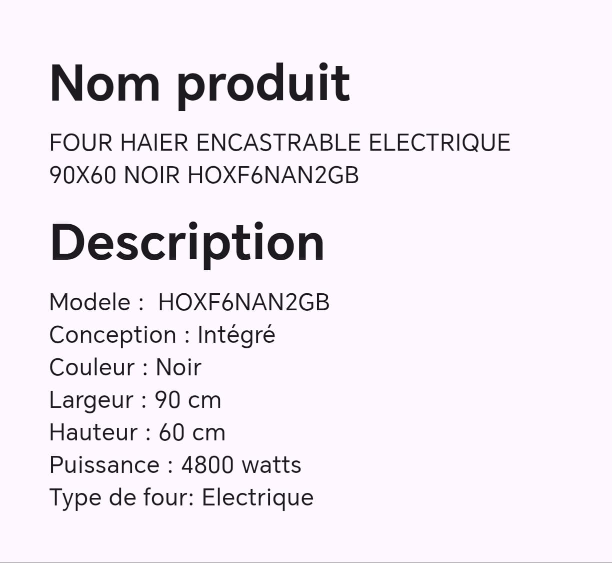 Four HAIER encastrable électrique 90X60 noir HOXF6NAN2GB