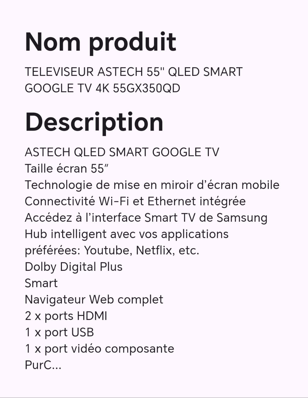 TELEVISEUR ASTECH 55" QLED SMART GOOGLE TV 4k 55GX350QD