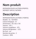 Réfrigérateur elactron 2portes NOFROST gris EL146TMDX