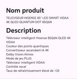 TELEVISEUR HISENSE 85" LED SMART VIDAA 4K QLED QUANTUM DOT 85Q6N