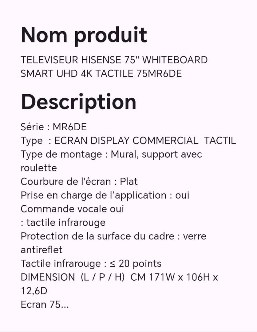 TELEVISEUR HISENSE 75" WHITEBOARD SMART UHD 4K TACTILE 75MR6DE