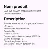 MACHINE A LAVER ASTECH 8KG INVERTER GRIS MLV80BN8INVLC