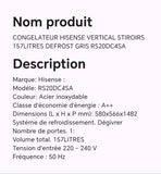 CONGELATEUR HISENSE VERTICAL 5TIROIRS 157LITRES DEFROST GRIS RS20DC4SA