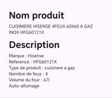 CUISINIERE HISENSE 4FEUX 60X60 A GAZ INOX HFG60121X
