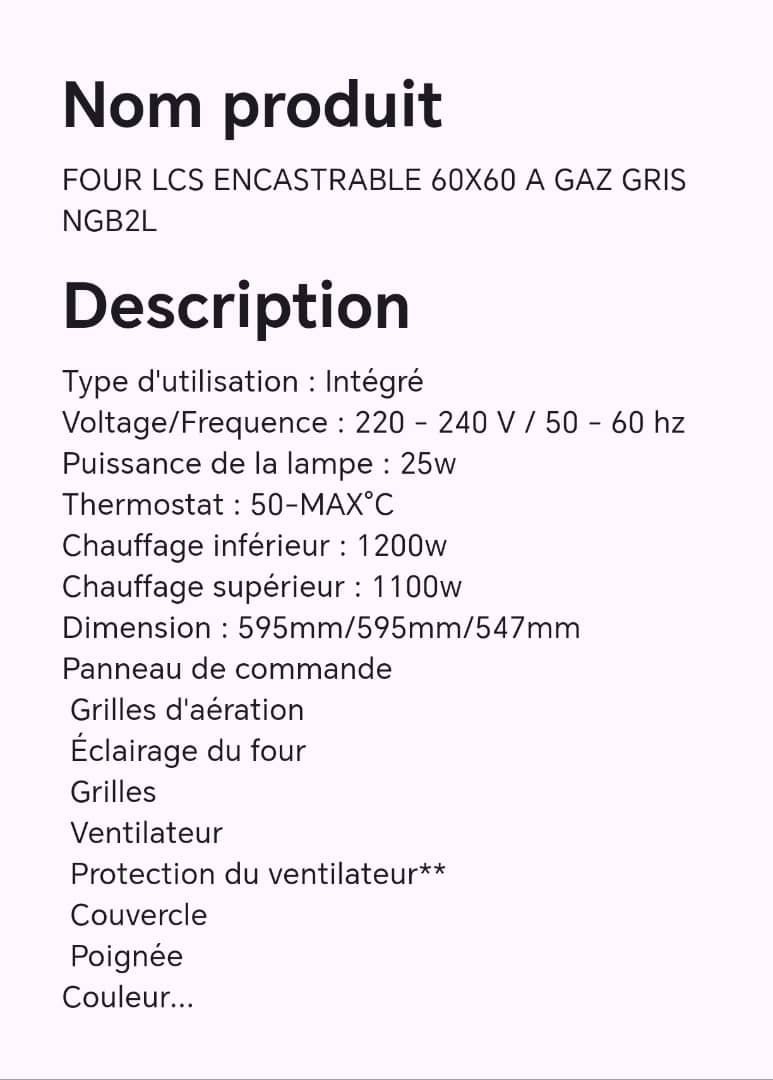 Four LCS encastrable 60X60 à gaz gris NGB2L