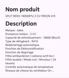SPLIT BEKO 18000BTU 2 CV FREON 410