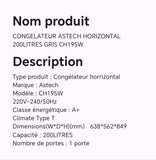CONGELATEUR ASTECH HORIZONTAL 200LITRES GRIS CH195W
