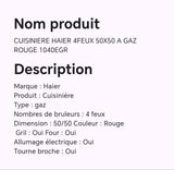 CUISINIERE HAIER 4FEUX 50X50 A GAZ ROUGE 1040EGR