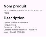 SPLIT SHARP 9000BTU 1.25CV 410 CHAUDB ET FROID