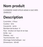 CUISINIERE HAIER 4FEUX 60X60 A GAZ GRIS 2040EGS2