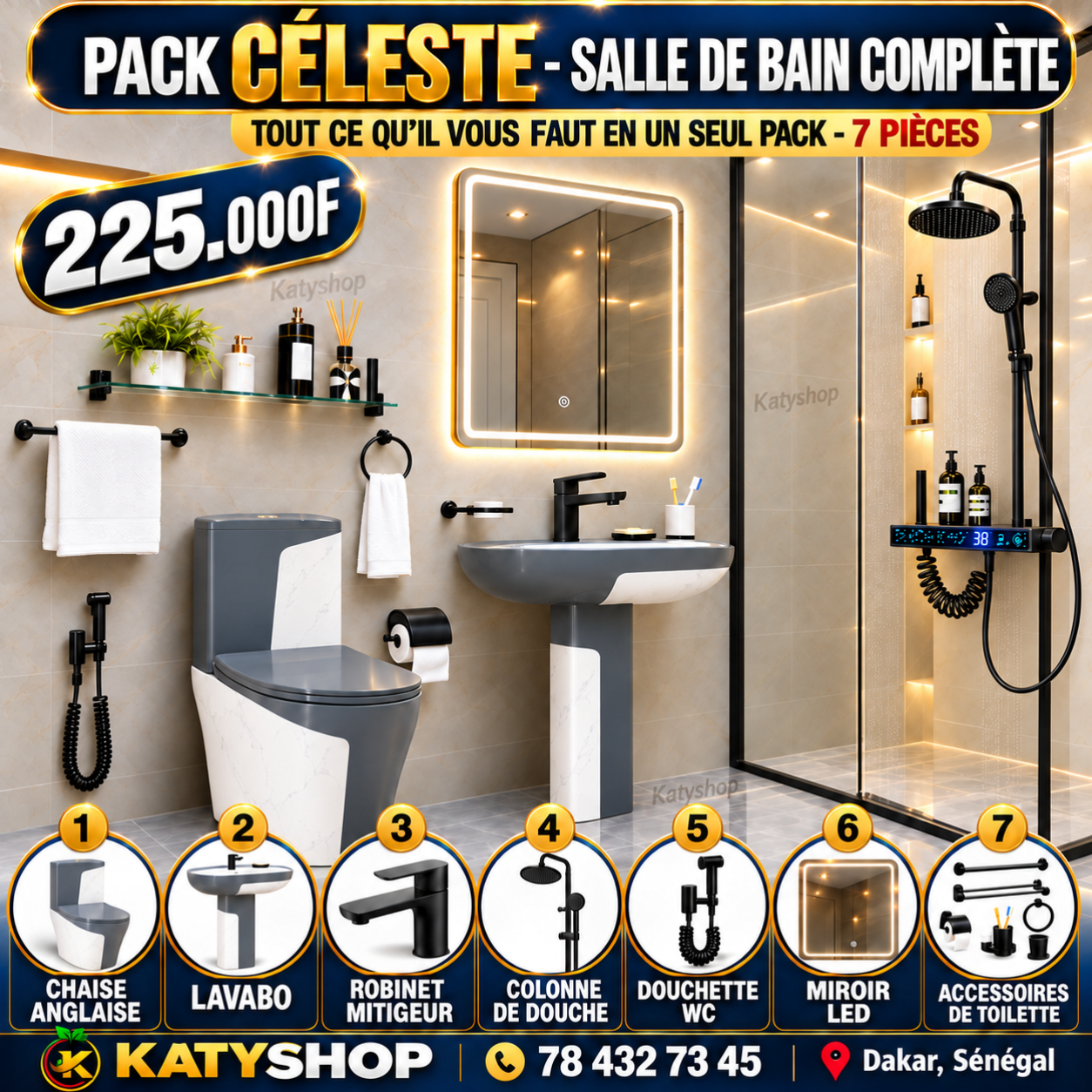𝐏𝐀𝐂𝐊 𝐂𝐄́𝐋𝐄𝐒𝐓𝐄 – 𝐒𝐀𝐋𝐋𝐄 𝐃𝐄 𝐁𝐀𝐈𝐍 𝐂𝐎𝐌𝐏𝐋𝐄̀𝐓𝐄 - 7 PIÈCES TOUT CE QU'IL VOUS FAUT EN UN SEUL ACHAT