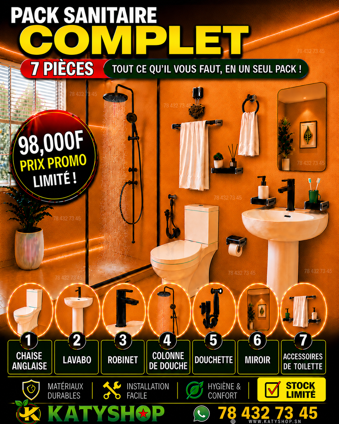 Pack sanitaire Complet: 7 Pièces Pour votre salle de bain et Toilettes - 98.000F !!