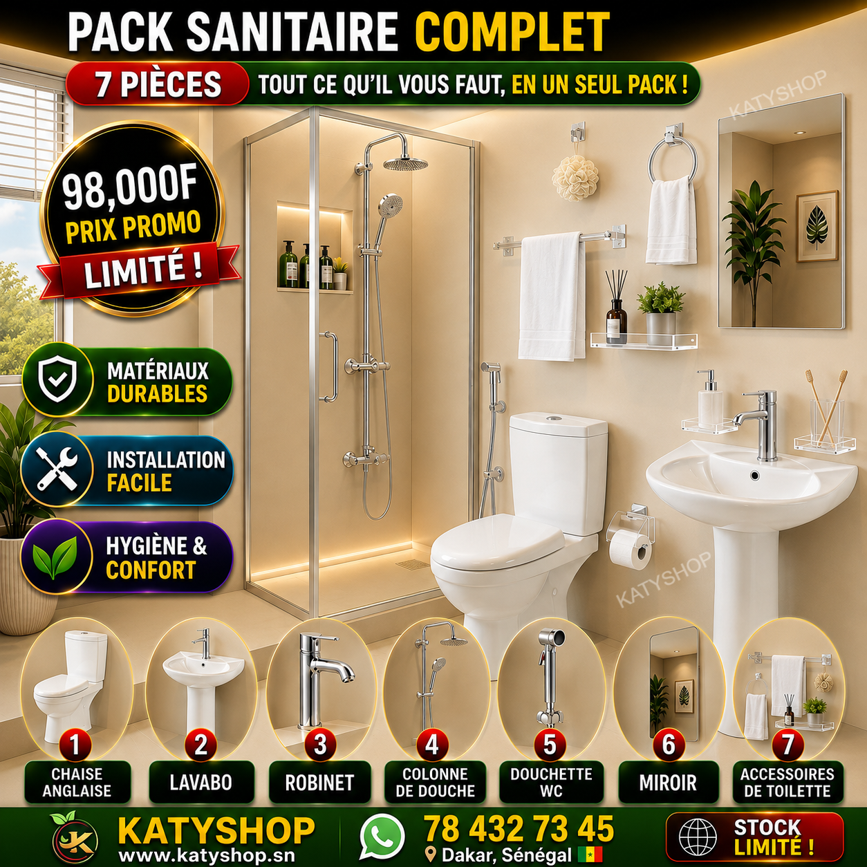 Pack Sanitaire complet - 7 Pièces: Tout ce qu'il vous faut en un seul Pack - Equipement Salle de Bain (Copy)