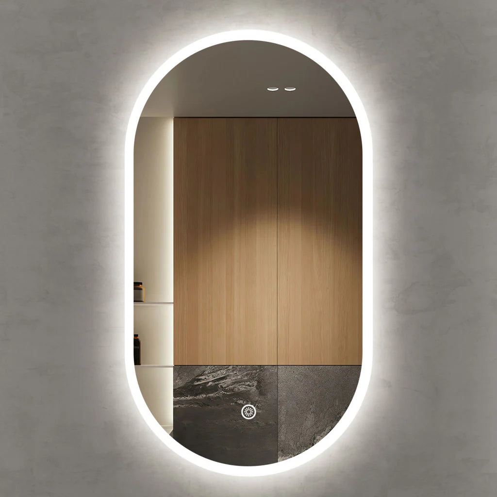 Miroir de salle de bain ovale à LED de 81 x 60 cm avec éclairage frontal, mémoire intelligente, 3 couleurs de luminosité réglable, antibuée. Miroir de courtoisie ovale lumineux de 80 cm pour salle de bain, fixation murale horizontale ou verticale.