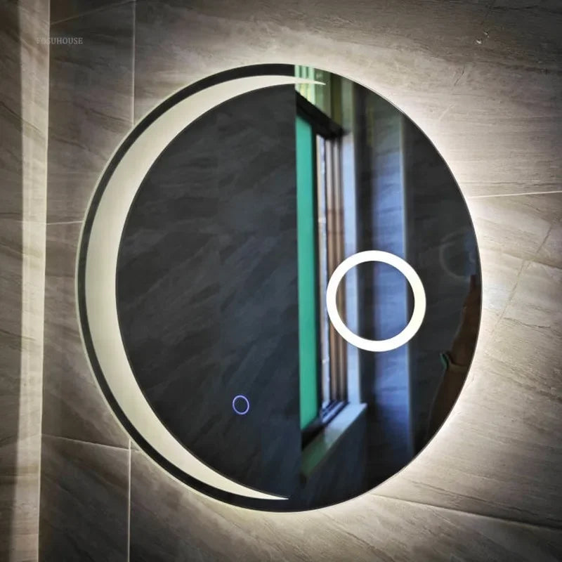Miroir intelligent rond, miroir de salle de bain, miroir lumineux LED, miroir mural lumineux avec fonction antibuée, interrupteur tactile, affichage de l'heure, intensité réglable