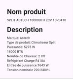 Split Astech 18000BTU 2 CV 18RB410