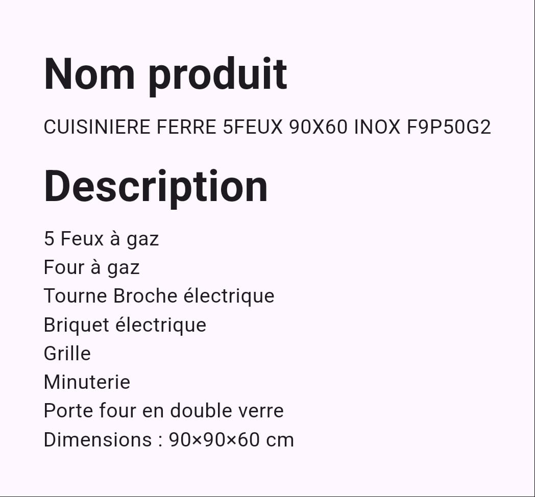 Cuisinière Ferre 5 Feux 90 x 60 Inox