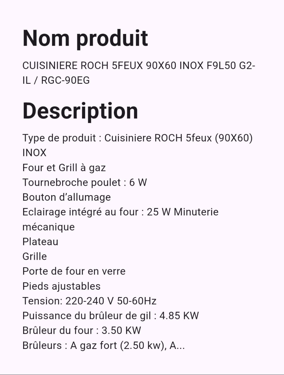 Cuisinière Roch 5 Feux 90 x 60 Inox