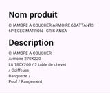 Chambre A coucher amoire 6 Battants 6 Pièces Marron Gris