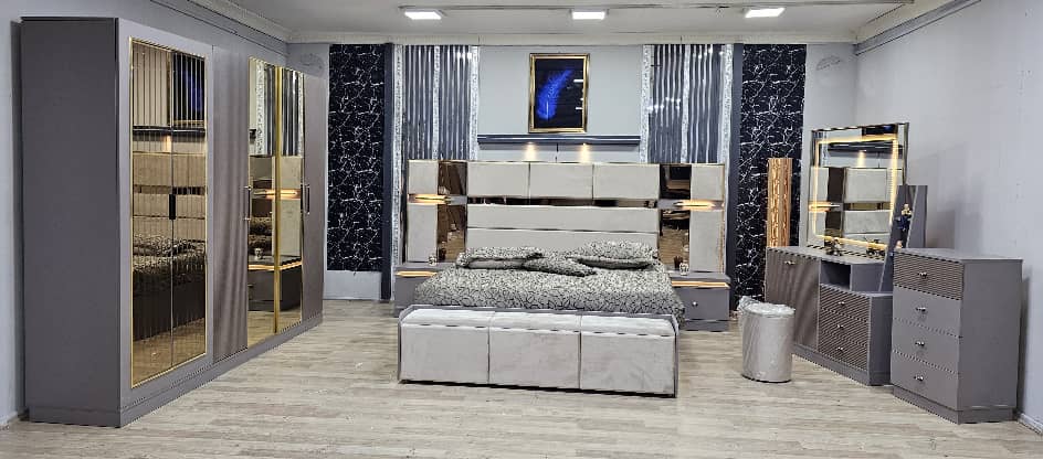 Chambre A coucher 6 Battants 6 Pièces Gris Beige - Blanc Pusat