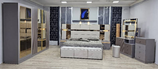 Chambre A coucher 6 Battants 6 Pièces Gris Beige - Blanc Pusat